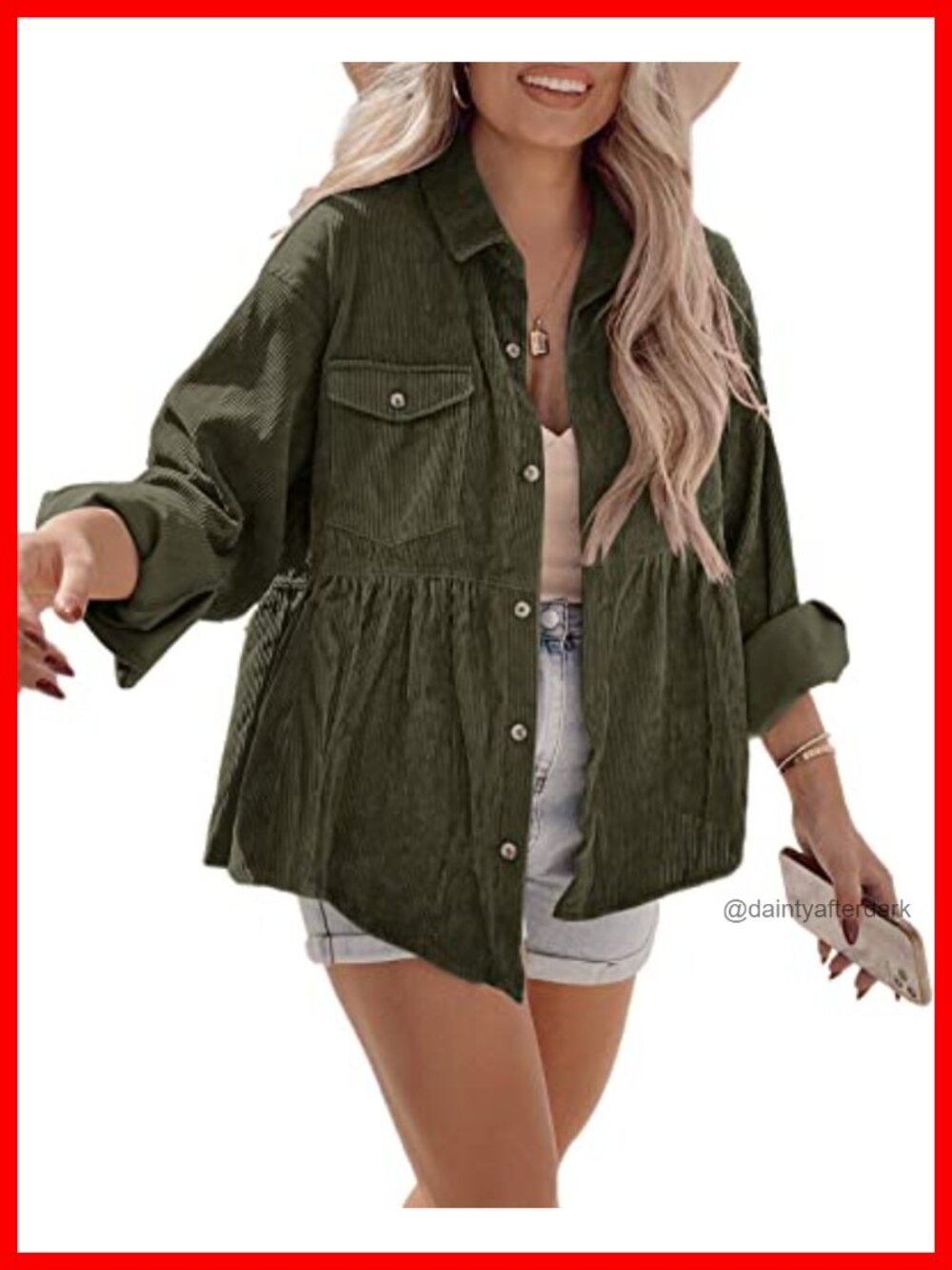 Corduroy Button Down Shacket Oversized Tunic Blouse Loose Fit